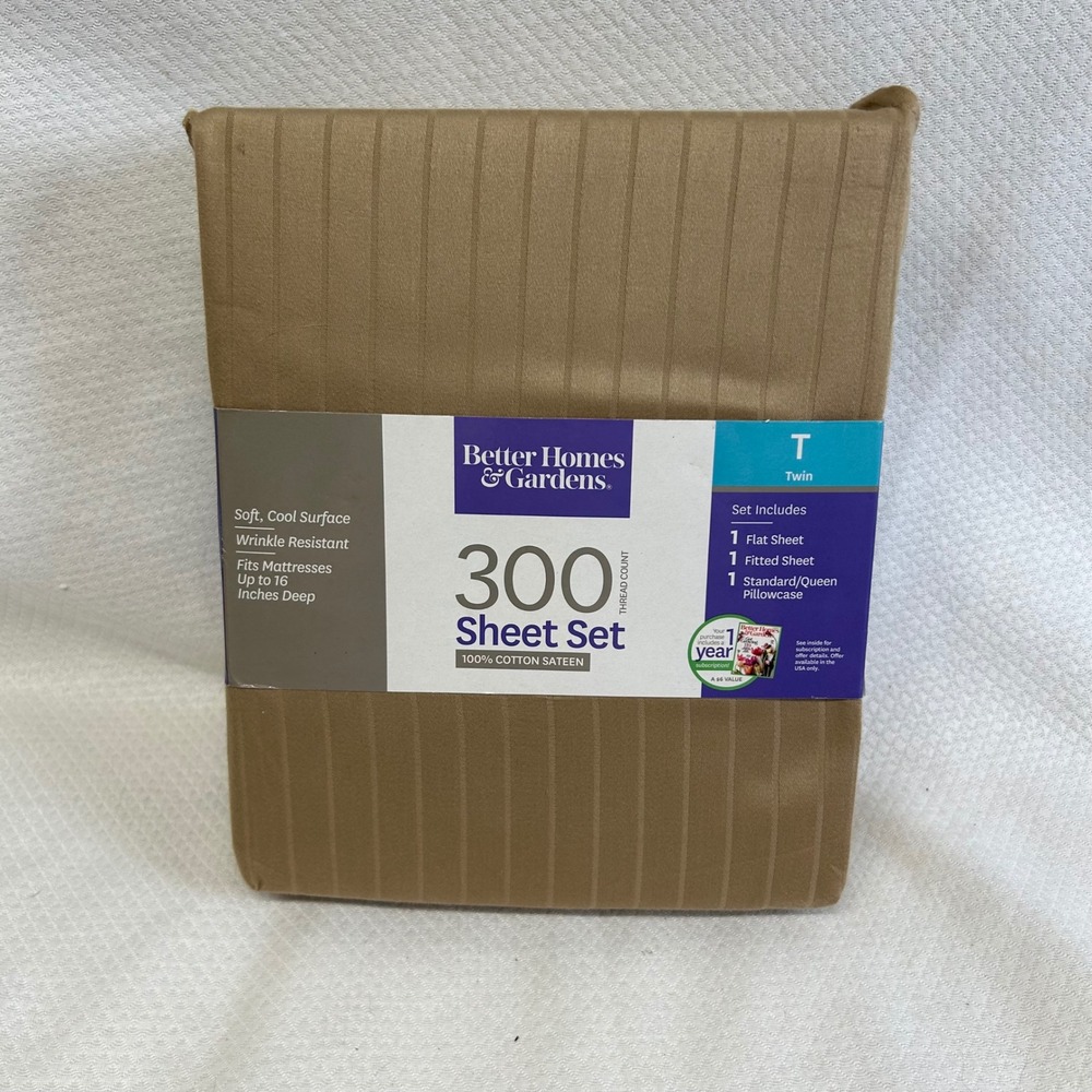Better Homes & Gardens Twin 300 TC Cotton Sateen Sheet Set Clay Beige Striped